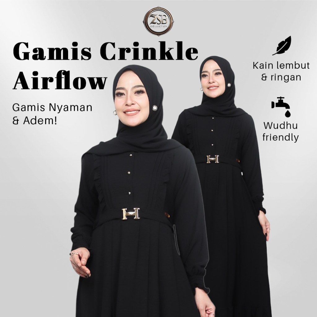 Dress Wanita Crinkle Formal Bahan Crinkle Airflow Model Elegan Warna Hitam Sage Green dan Lainnya