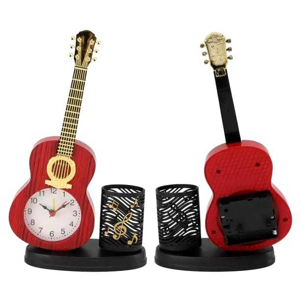 Jam Weker Alarm Gitar Kayu Tempat Pensil / Ada Serutan Pensil /Jam Meja Alarm