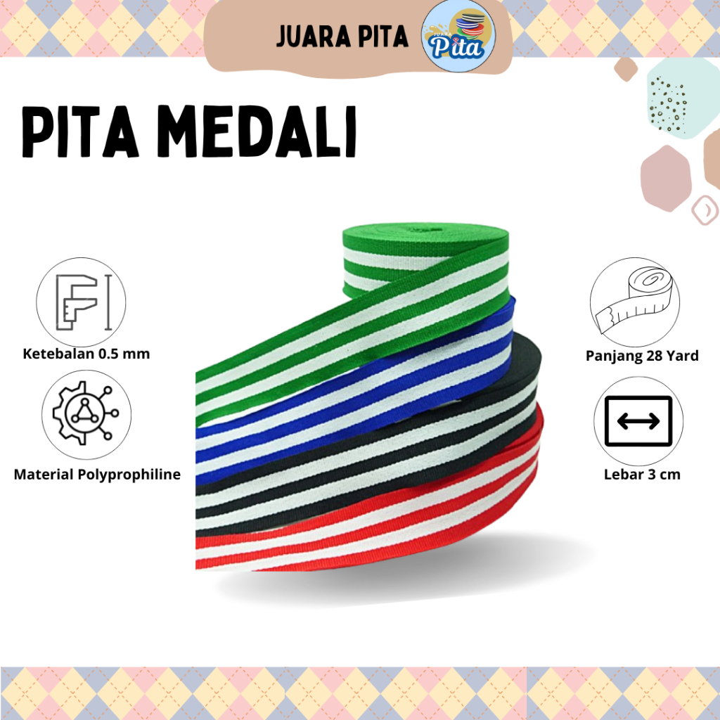 

Pita Tali Medali Lebar 3 cm Panjang 28 Yard Warna Warni Stripe 5