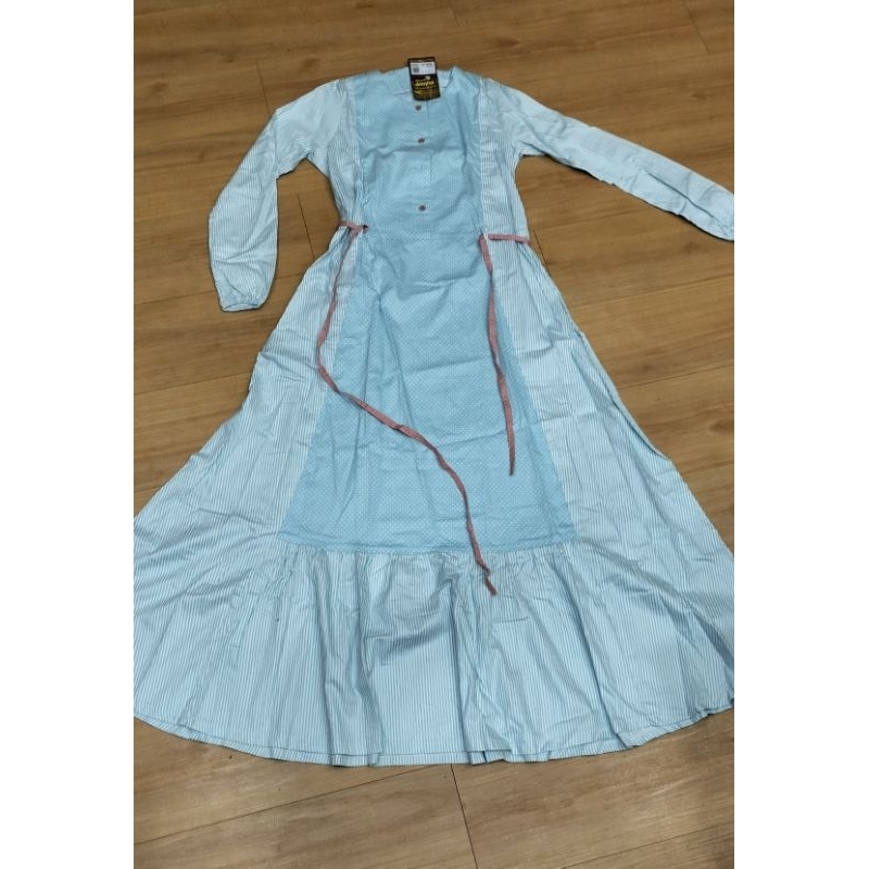 abaya dewasa dannis,UK.xs,motif polka salur,warna sky blue,promo 40%