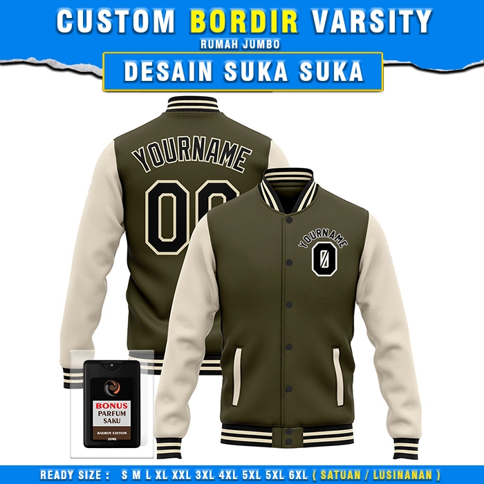 Jaket Varsity Custom Bordir satuan HIJAU ARMY CREAM jaket seragam custom desain sendiri