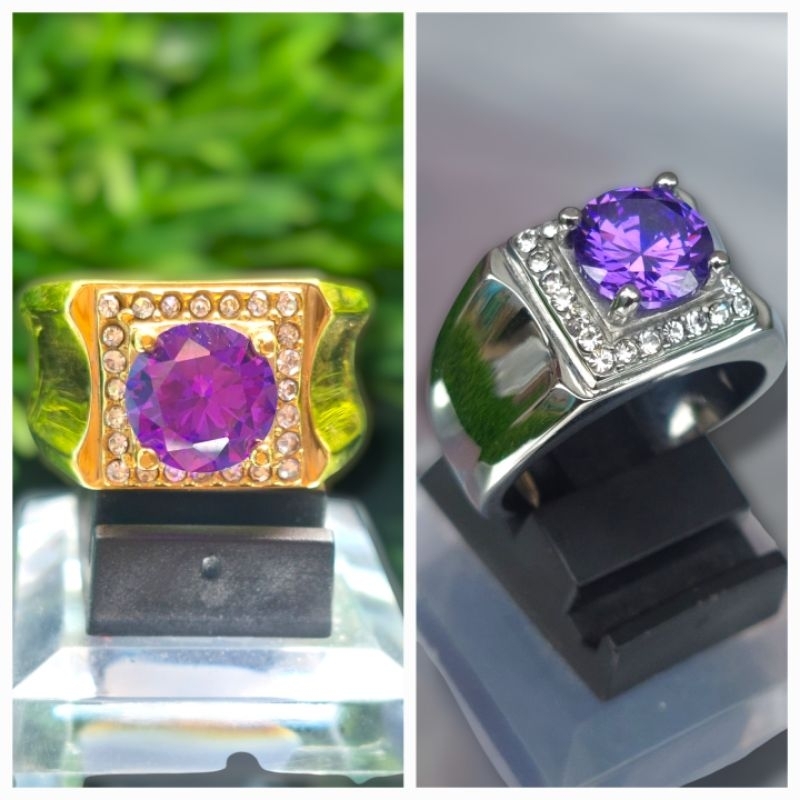 Cincin pria batu mata kecubung ungu ring titanium gold dan silver