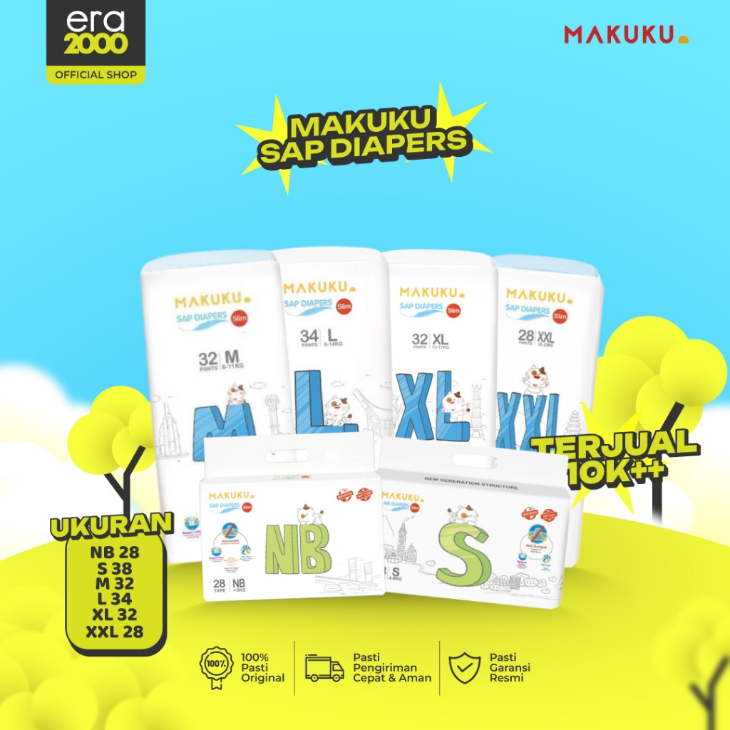 Era 2000- Makuku Slim Tape/Pants SAP Diapers NB52/S38/M32/L34/XL32/XXL28 Popok Bayi Tipis Cepat Keri