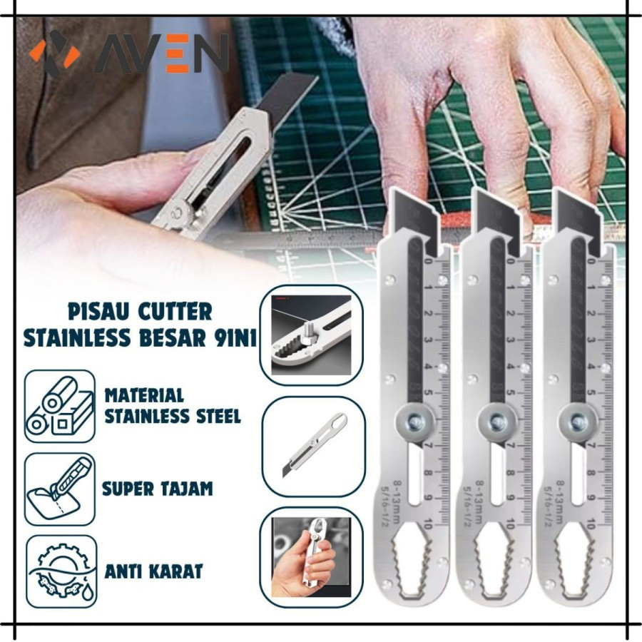 

SL27 - Pisau Cutter Stainless 9in1 Pisau Penggaris Tools Pemotong Seni Baja