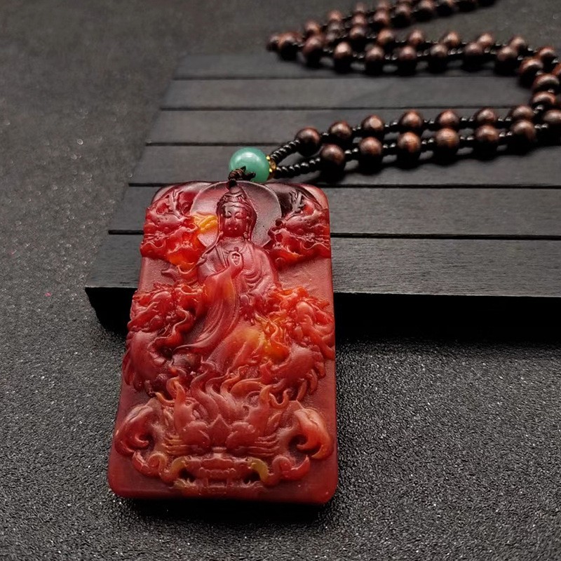 Dnir487 Kalung Kotak Batu Merah / Kalung Ukir Naga Guan Yu Guan Yin Buddha / Liontin Persegi 2 Sisi