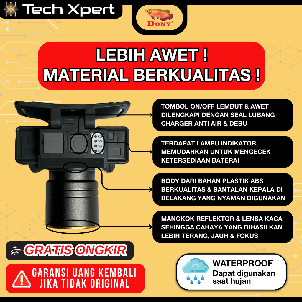SENTER KEPALA LED DONY 15 WATT KL171 "MINI ZOOM MEKANIK" ORI ANTI AIR TAHAN LAMA OUTDOOR