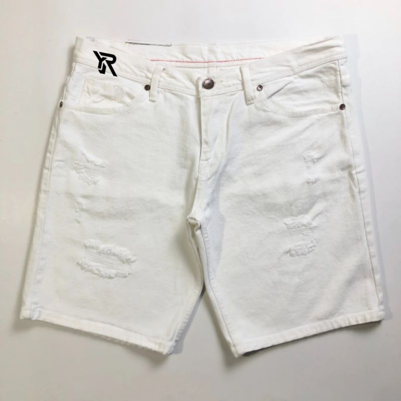 Celana Pria Jeans Sobek Putih-Celana Pendek  jeans Sobek Sobek big size wiscer tali premium#celanaje