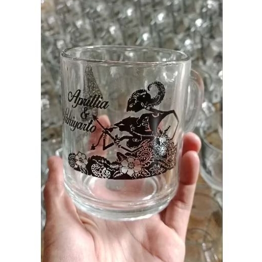 souvenir gelas gagang bening kaca sablon