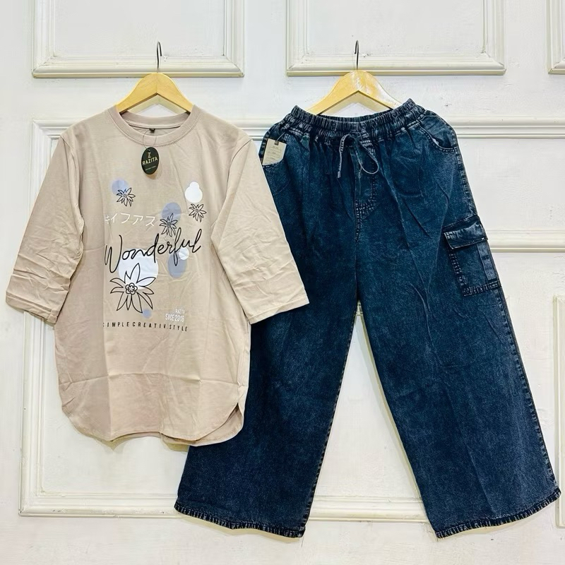 Setelan Kulot Jeans Cargo Wanita Dewasa, Atasan Combed 20s, Celana Kulot Jeans Cargo, Setelan Wanita