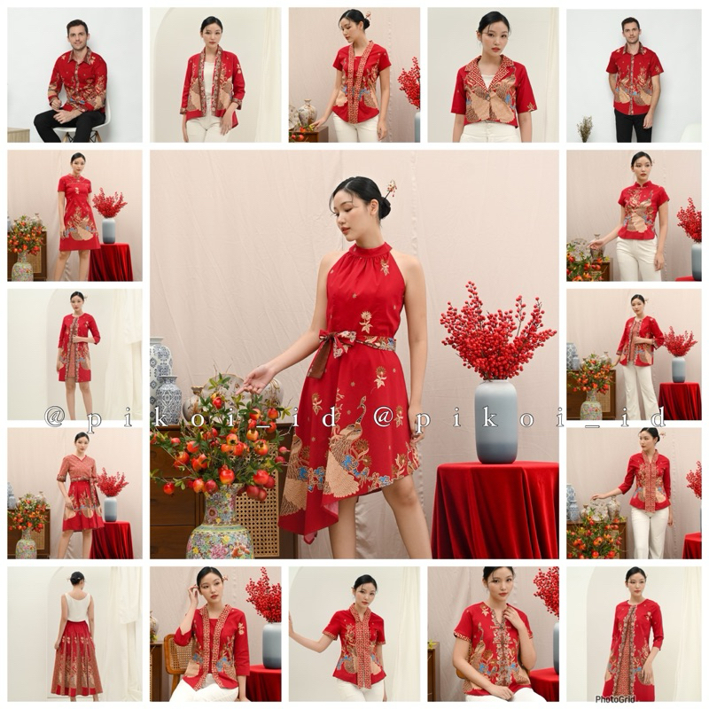 VL Couple Batik Cheongsam Wanita Merah Burung Merak Imlek Natal / Seragam Batik Keluarga Peacock /