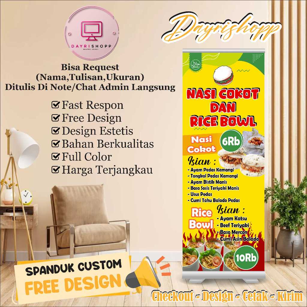 Size  60x160 Cm,Spanduk Banner Nasi Cokot Rice Bowl Gradasi Hijau Kuning Terbaru