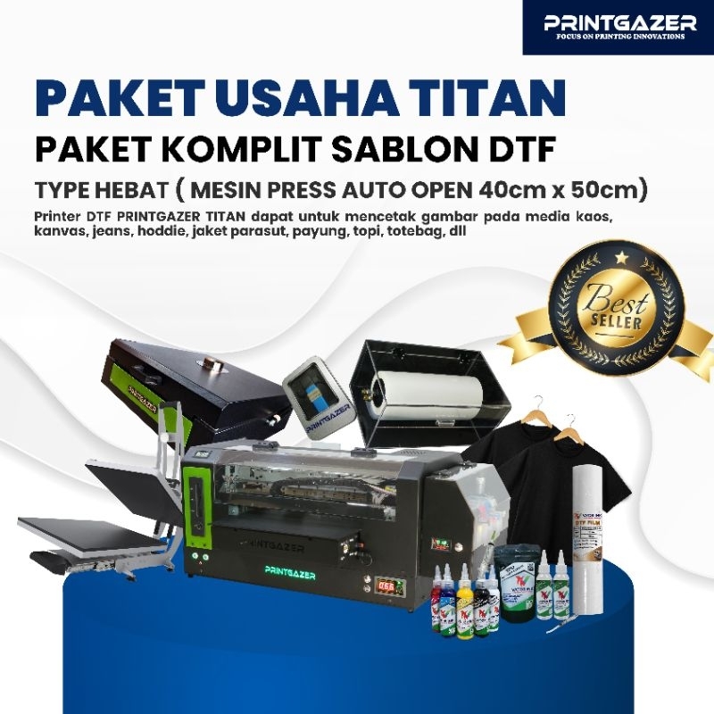 PAKET USAHA PRINTGAZER TITAN PRINTER DTF A3+ MESIN SABLON KAOS A3 FILM POWDER TYPE HEBAT HOTPRESS OV