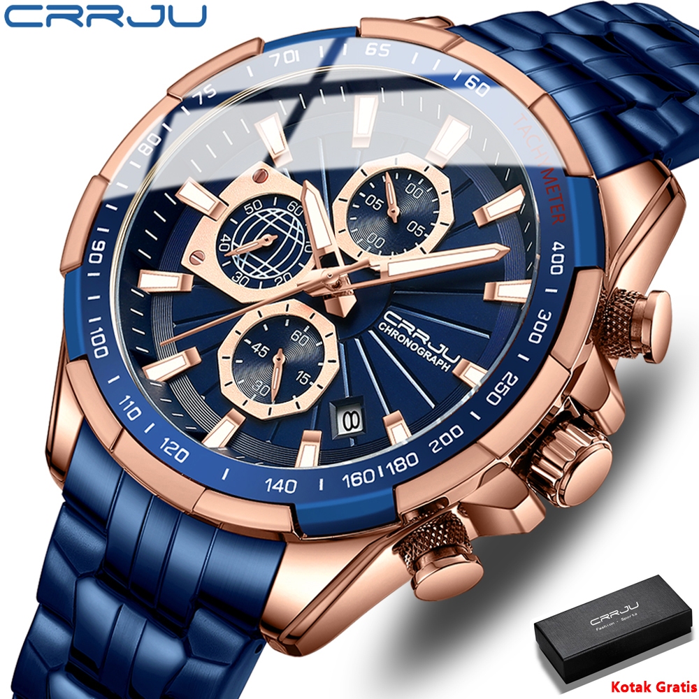 CRRJU Jam Tangan Pria Luxury Stainless Steel Sport Chronograph Aktif  Quartz Original Anti Air Watch