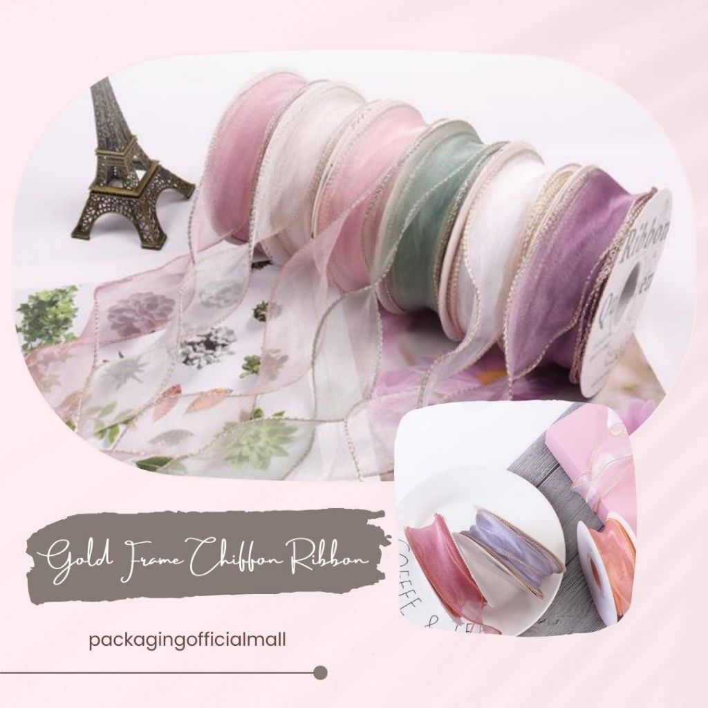

GOLD FRAME CHIFFON RIBBON 4CM / PITA KAIN / PITA KADO / FLORIST SUPPLY