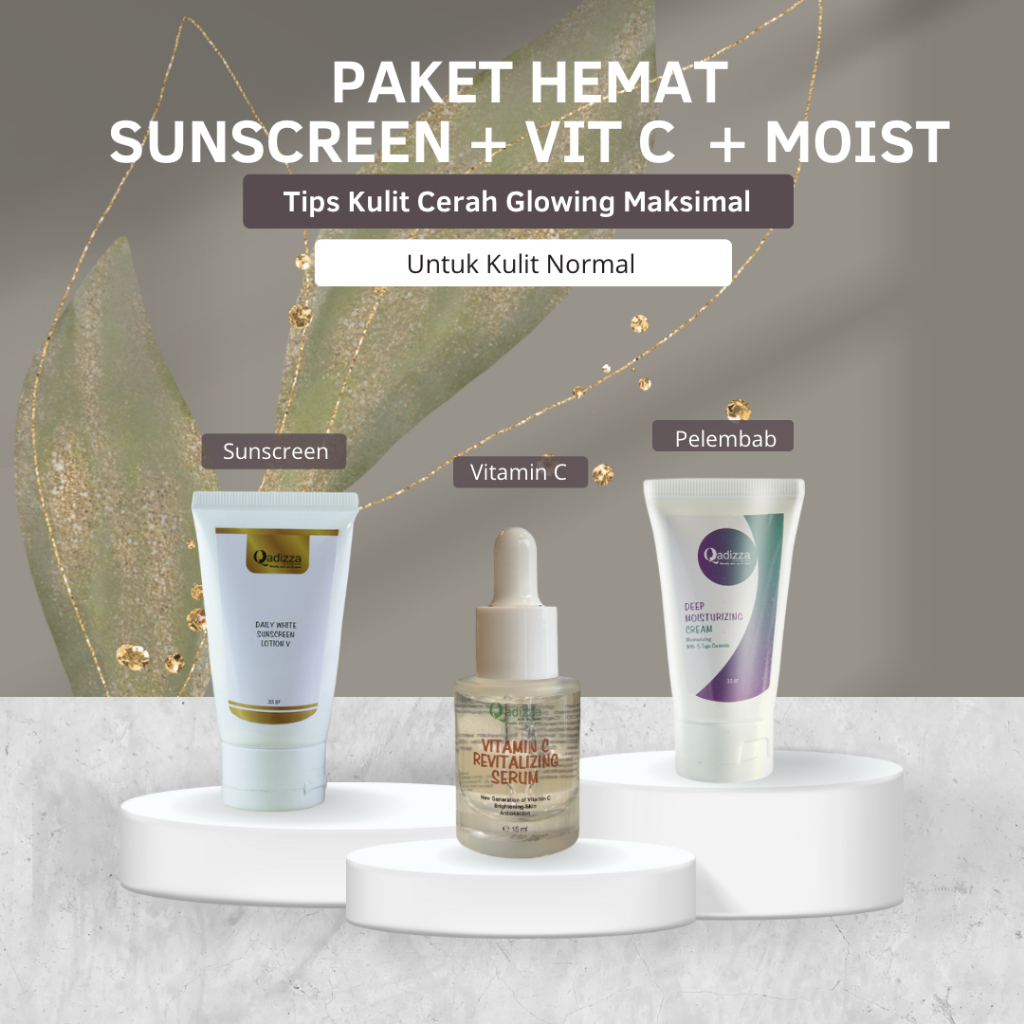 QADIZZA PAKET TRIPLE KOMBO (VITAMIN C SERUM + PELEMBAB MOIST CREAM + SUNSCREEN)