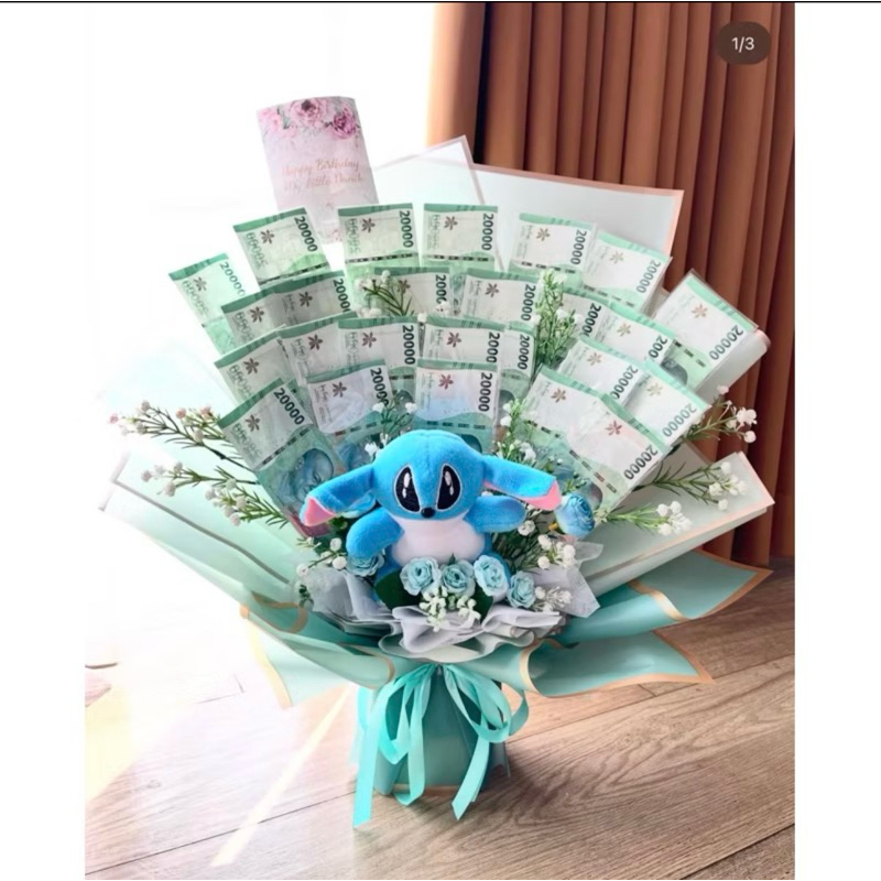 buket uang warna hijau 20 lembar money bouquet boneka stitch, boneka biru, kartu ucapan