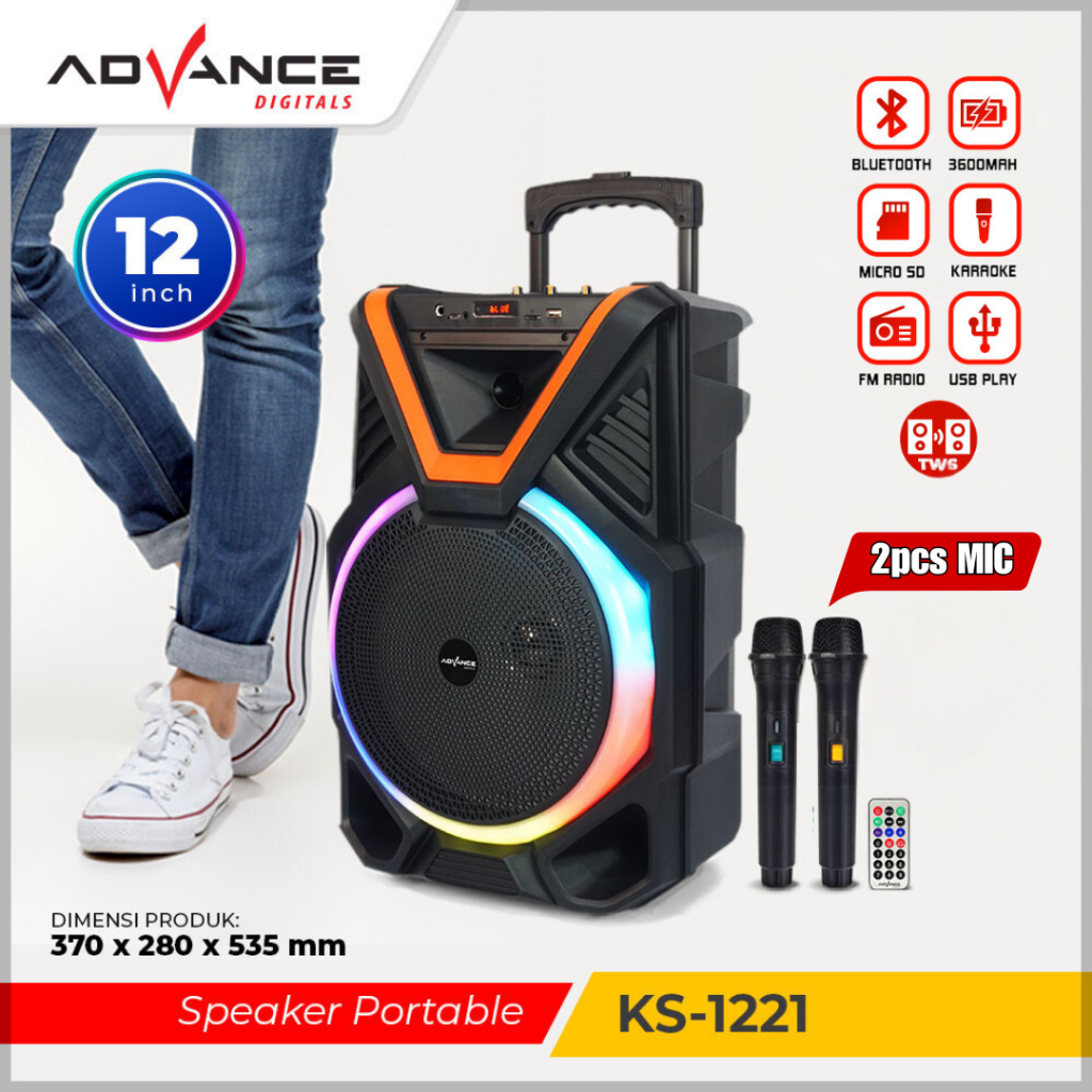 Advance Speaker Bluetooth Karaoke TWS 12inch+2xMic Wireless  1221