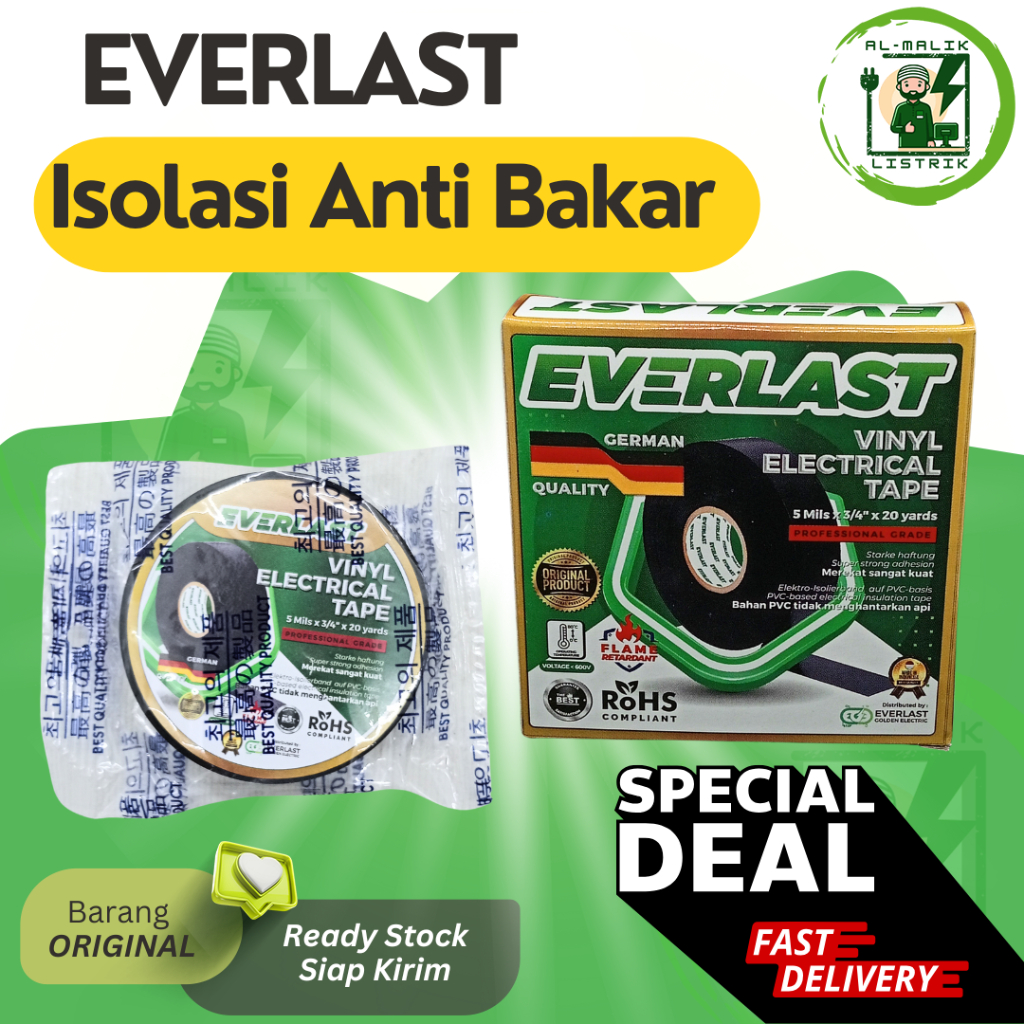 Plester Selotip Isolasi Bakar Kabel Listrik PVC Anti Bakar Isolasi Tape Selotip Listrik Everlast