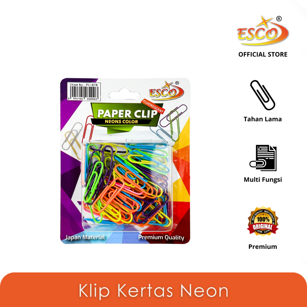 

Esco Klip Penjepit Kertas Neon Isi 70 Pcs PC-878