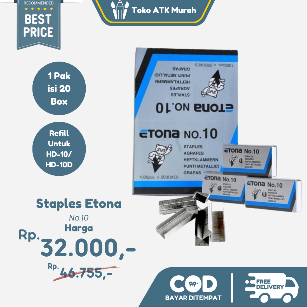

1 Pak Staples Etona No.10 – Isi 20 Box | Isi Hekter Tajam & Anti Macet