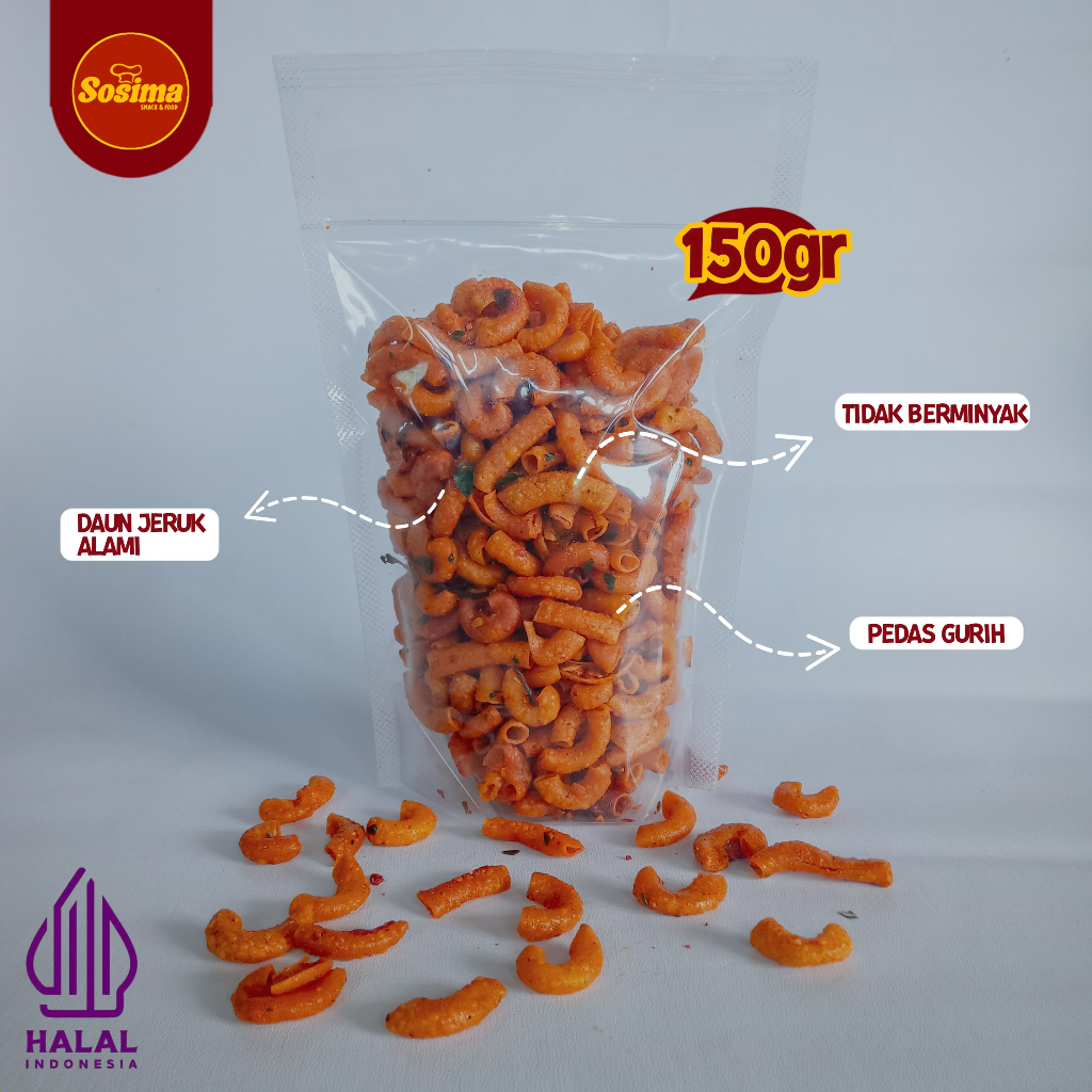 

Makaroni Cikruh Pedas Gurih Daun Jeruk 150 gram Ala Sosima Snack & Food