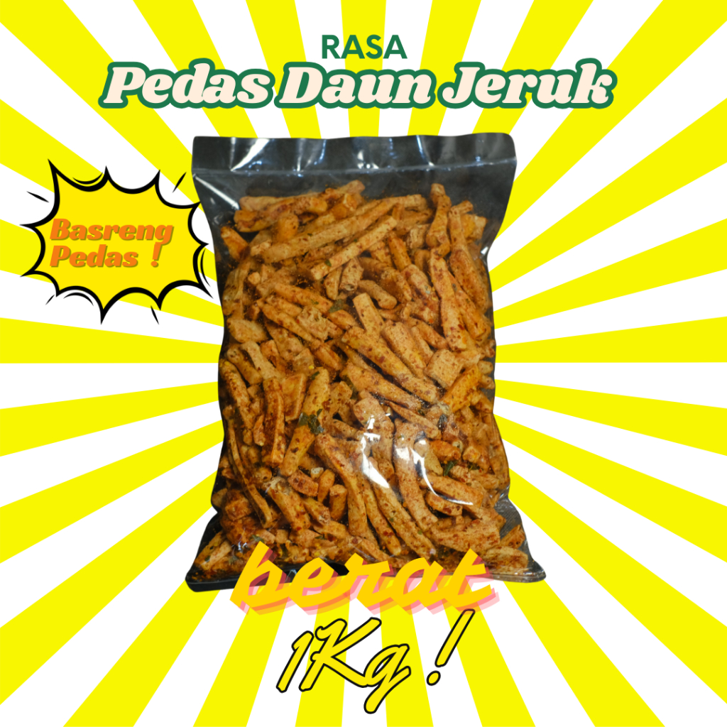 

Basreng Pedas Daun Jeruk Berat 1Kg / Basreng Stik Pedas Daun jeruk