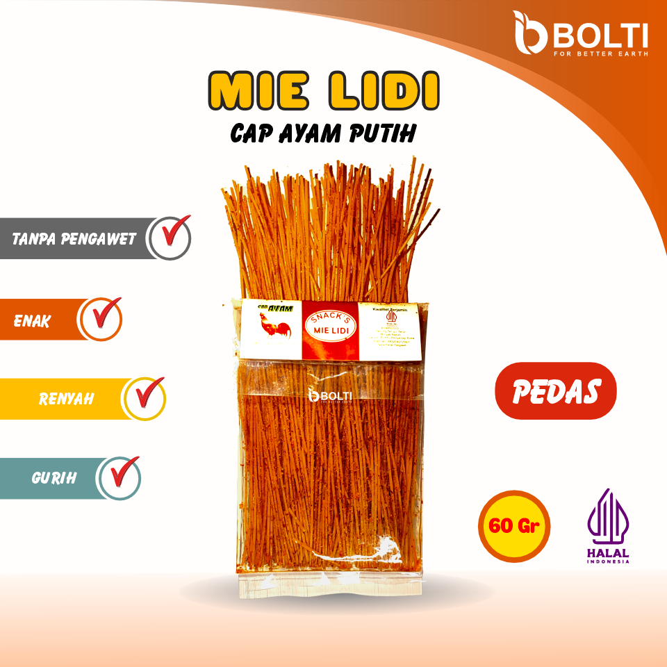 

Mie Lidi / Mi Lidi Cap Ayam Putih 60 Gr Makanan Ringan Jajanan Viral Cemilan Pedas dan Gurih Grosir