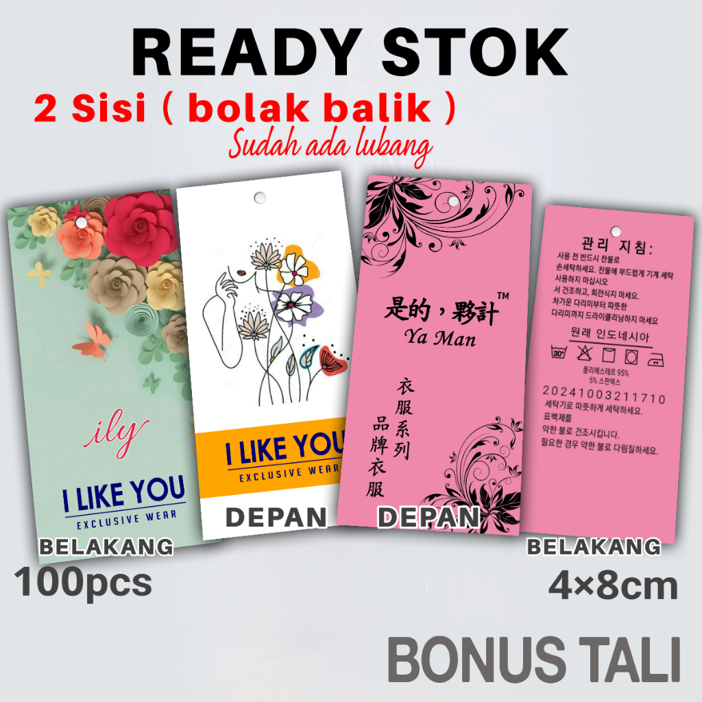 

Hang tag baju 2 sisi 4x8cm isi 100pcs BONUS TALI label baju hangtag label gantungan label brand han tak gantungan label kertas label merk label baju pakaian