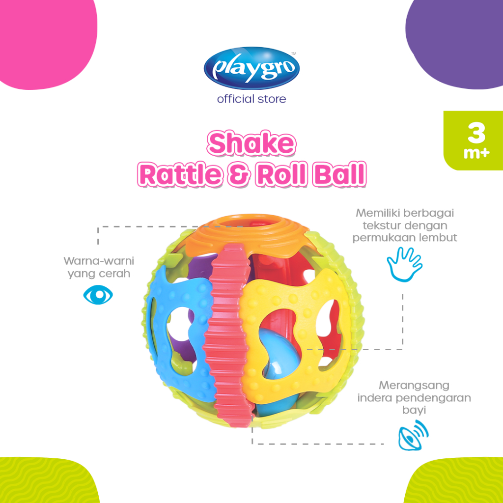 Playgro Baby Shake Rattle & Roll Ball - Mainan Bola Sensory Toy Teether untuk Anak Bayi Balita
