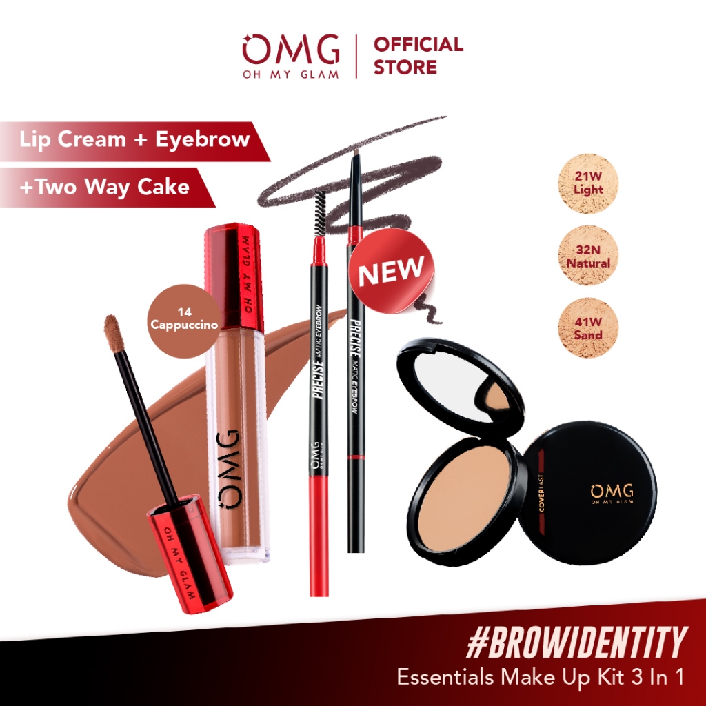 [Essential Make Up Kit 3in1] OMG Oh My Glam Complete Glam Set - Two Way Cake + Eye Brow + Mattelast 