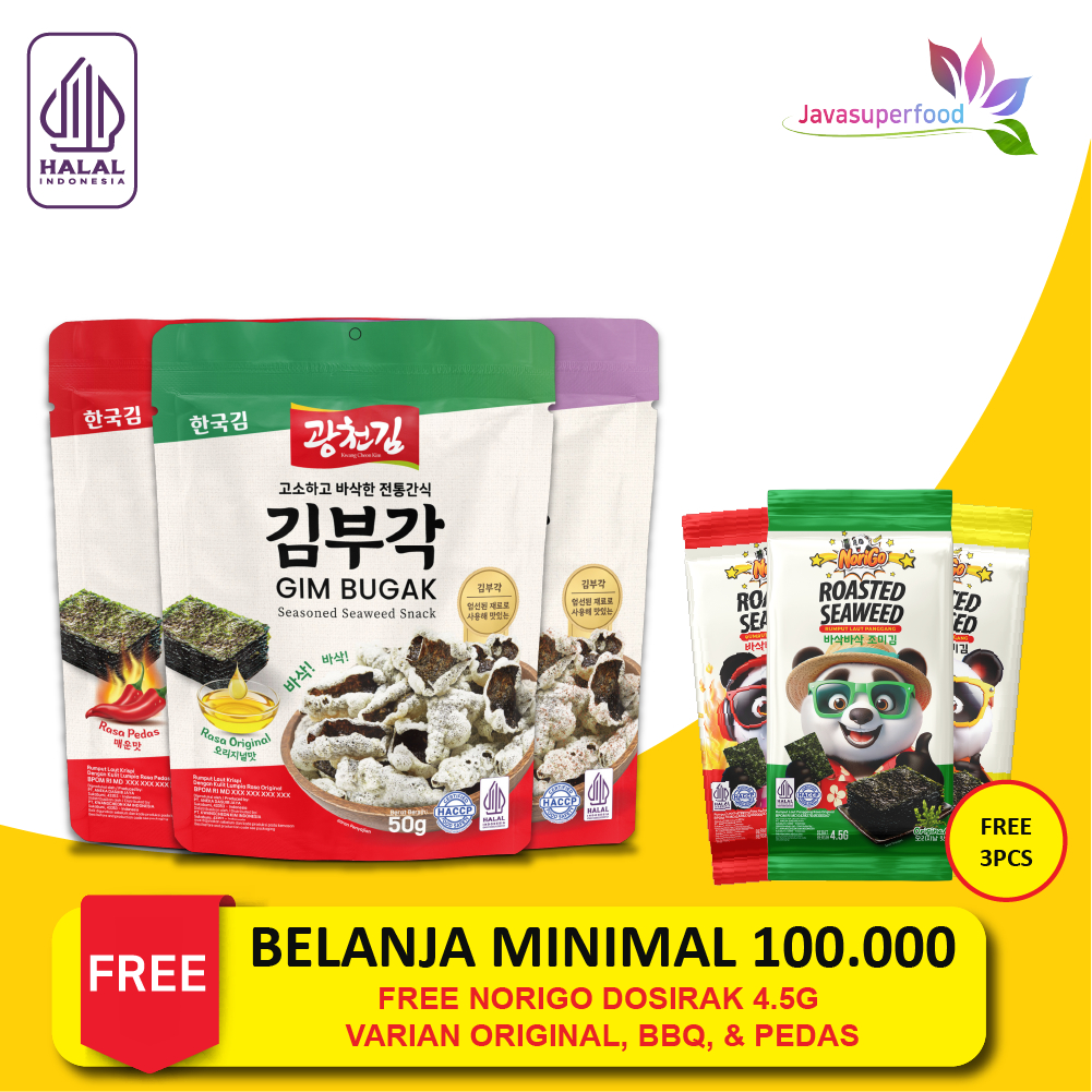 

GIM BUGAK 50 GRAM SEASONED SEAWEED SNACK / NORI CRISPY/ NORI SNACK/ KOREAN SNACK / CEMILAN RUMPUT LAUT HALAL