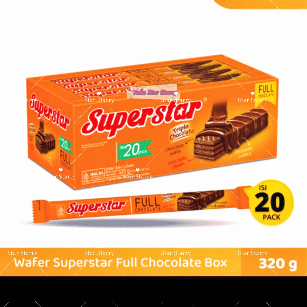 

[Per Pack] WAFER SUPERSTAR FULL CHOCOLATE BOX 16 GRAM - (HARGA PER BOX)1 BOX ISI 20 BUNGKUS SUPER STAR MAYORA ROMA Snack Viral Halal MUI