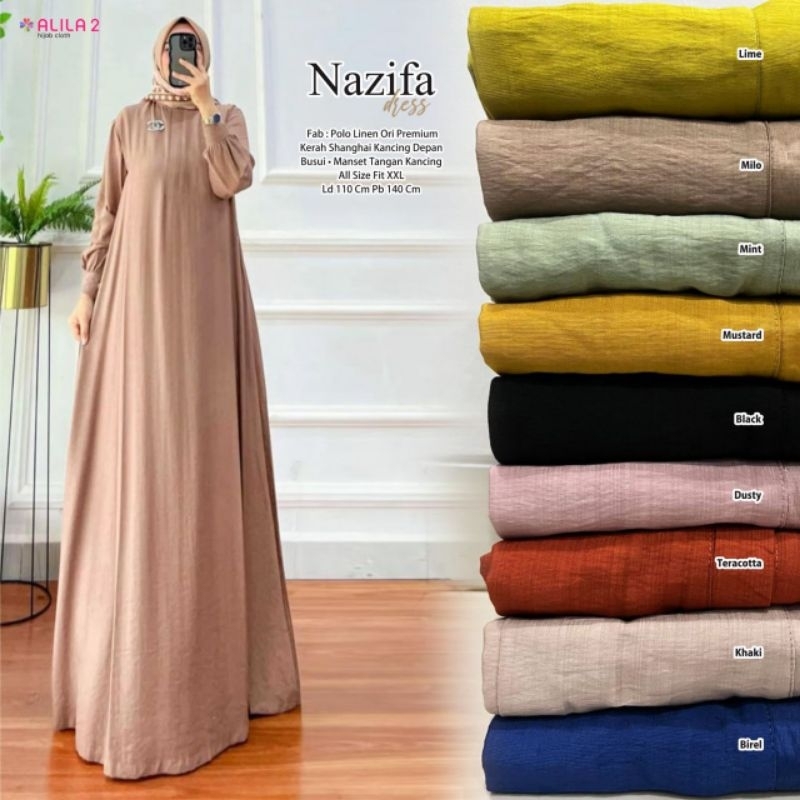 QAF - NAZIFA DRESS / Baju Gamis Wanita Muslim Dress kerja kuliah lebaran basic polos polo linen