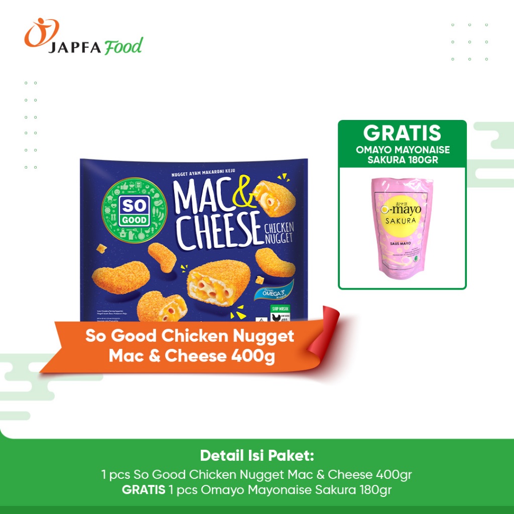 

So Good Chicken Nugget Mac & Cheese 400gr GRATIS 1 pcs Omayo Mayonaise Sakura 180gr