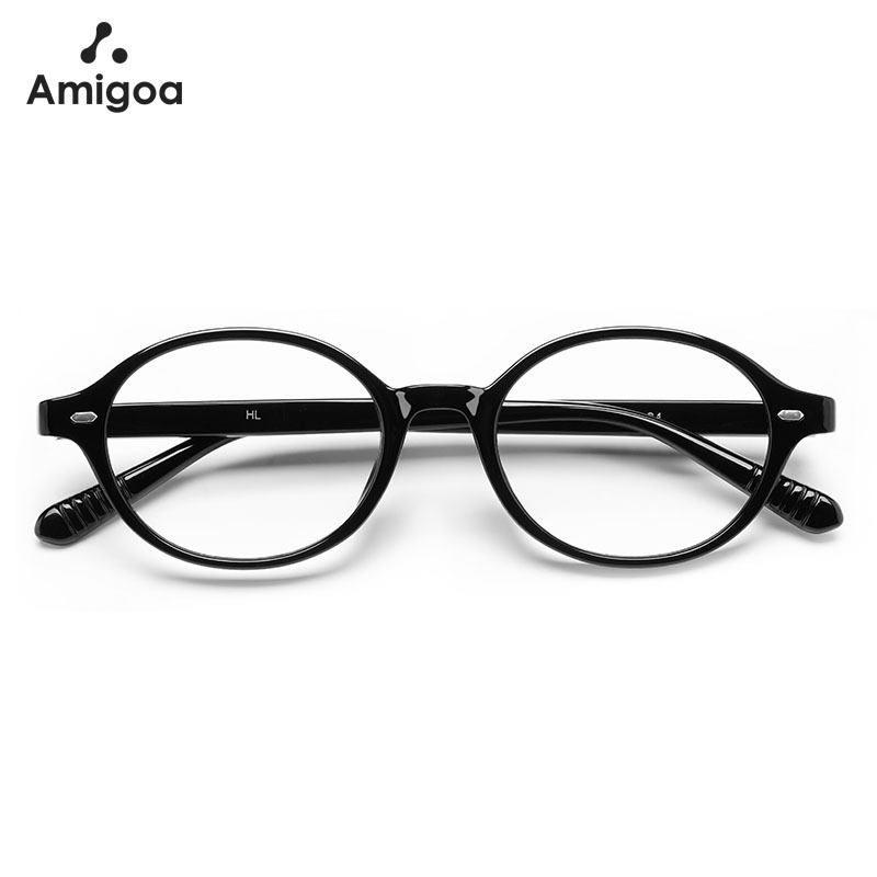 AMIGOA Kacamata Wanita Anti Cahaya Biru Kacamata Bingkai Oval Retro Bingkai Kecil Kacamata Hitam Tah