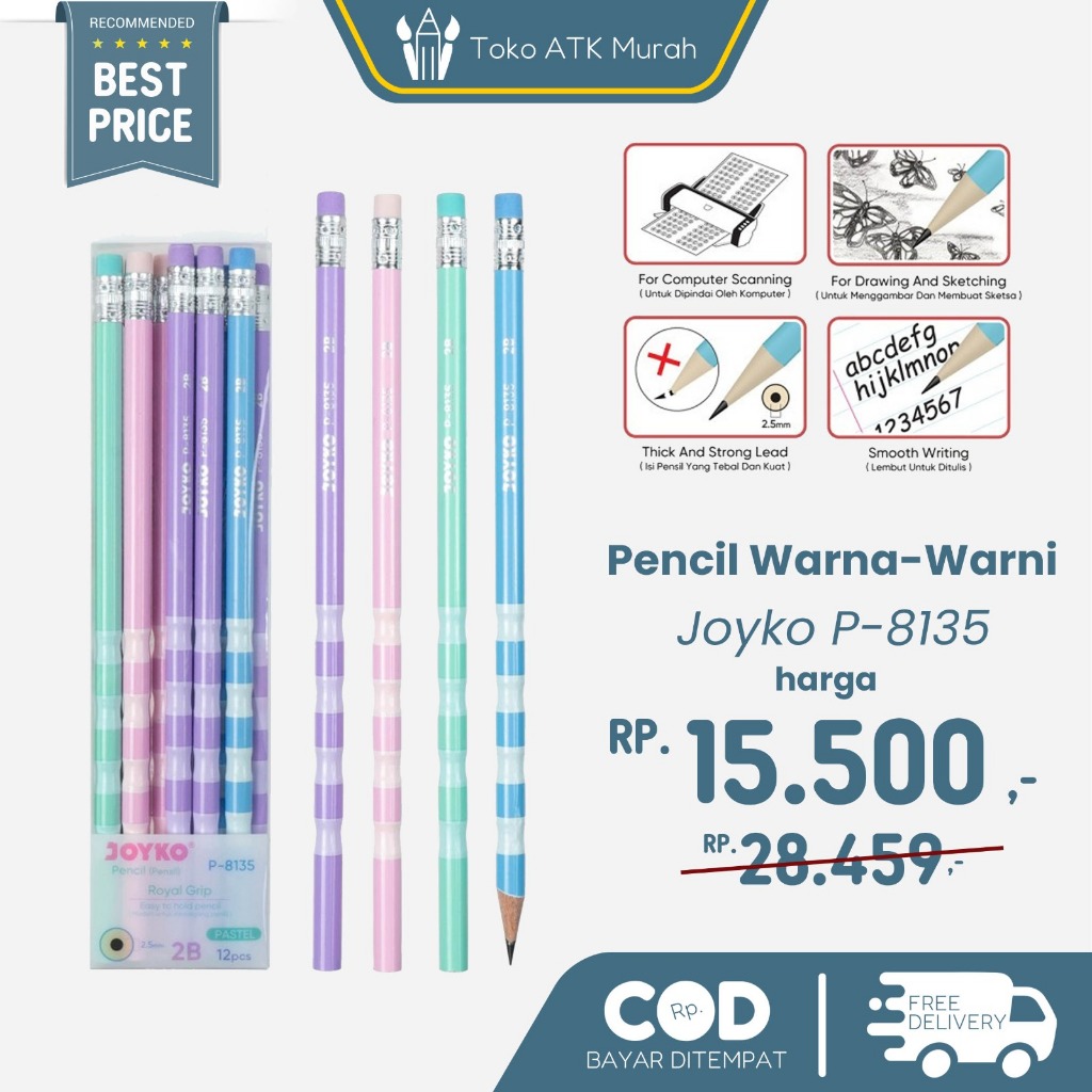 

1 PAK Pensil Joyko P-8135 Royal Grid 2B Wooden Pencil Warna-Warni