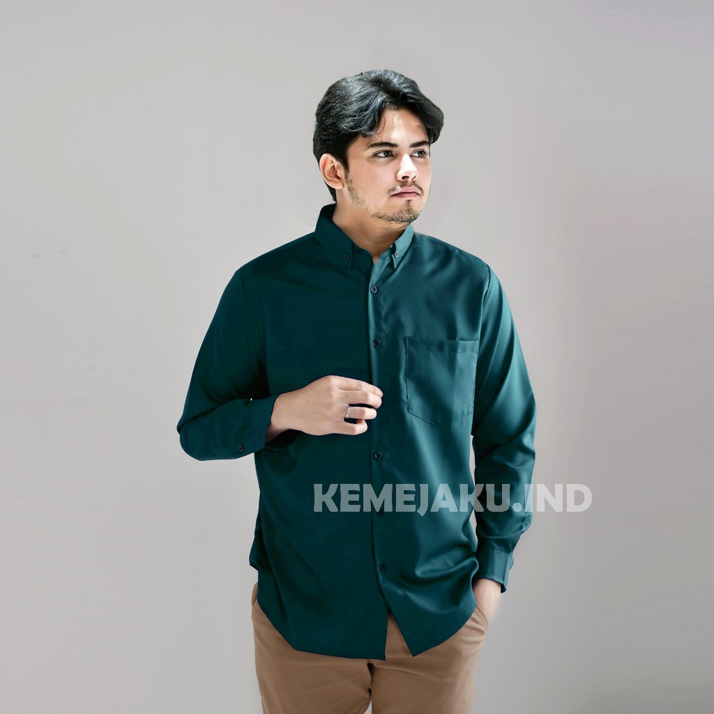 Kemeja Teal Blue Pria - Kemeja Polos Pria Lengan Panjang Kasual Slimfiit Lebaran