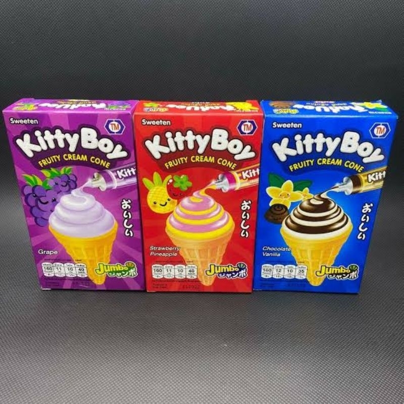 

Kitty Boy Cream Cone Certified Halal Thailand (Strawberry Pinapple, Chocolate Vanilla, Grape)