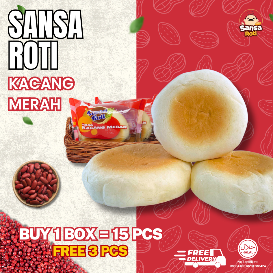 

[ISI 15pcs+Free 3pcs] - Sansa Roti - Kacang Merah | Roti Lembut dan Empuk | Roti 1 Dus