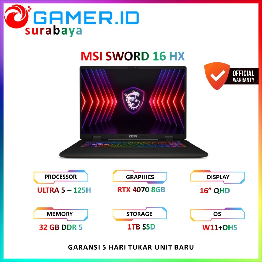 LAPTOP MSI SWORD 16 HX I7 13700HX RTX 4070 8GB - 16GB 1TB 16.0QHD 240HZ