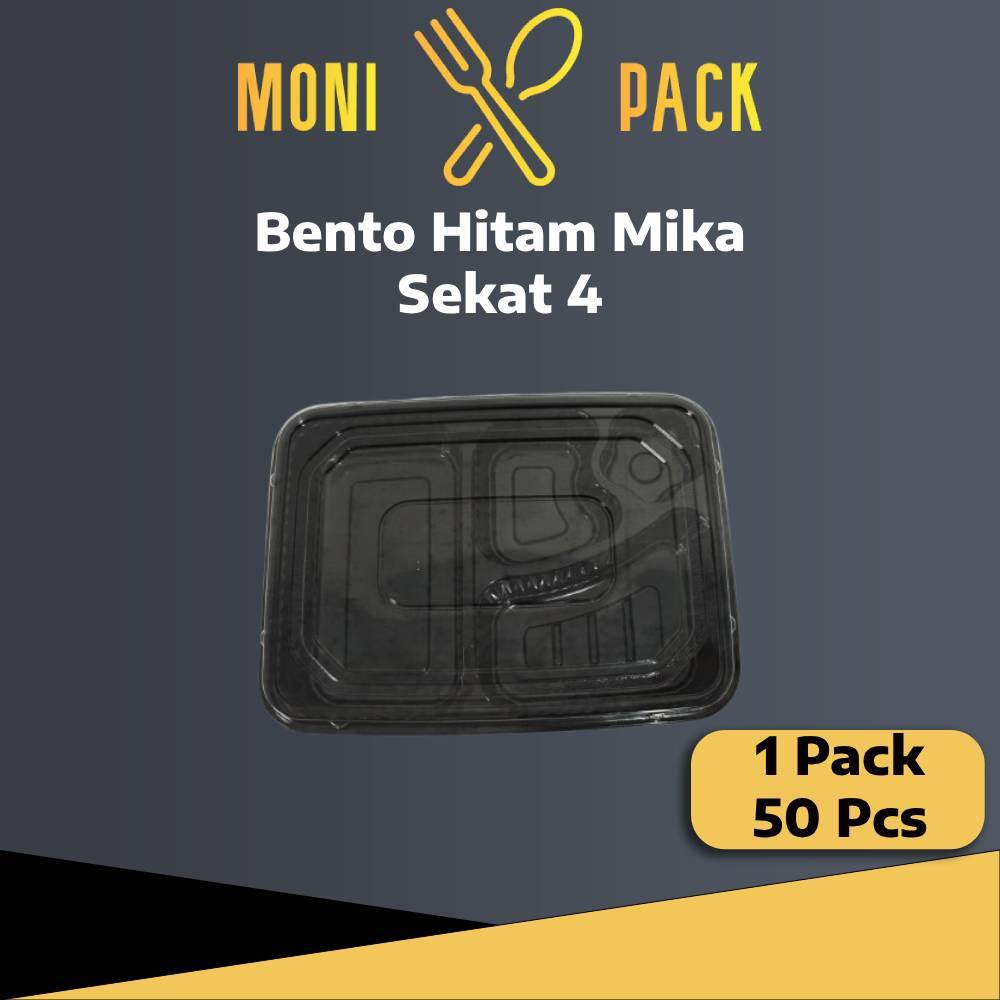 Bento Mika 4 Sekat Hitam Motif / Lunch Box Bento Hitam / Bento Tray Motif