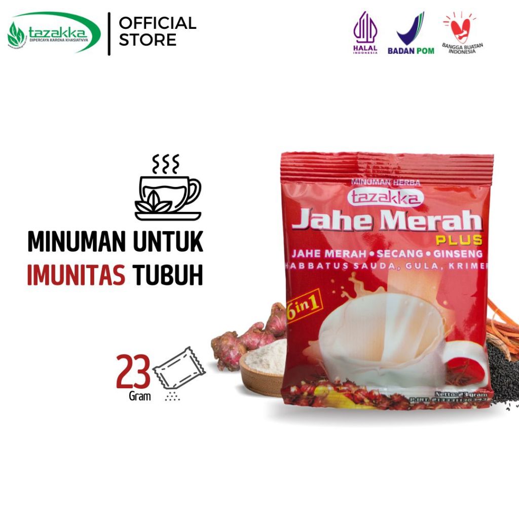 

TAZAKKA Minuman Jahe Merah Instan Plus Creamer Herbal Siap Seduh Kemasan Sachet Penghangat Badan