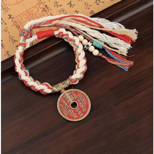 Gelang Tali Anyam Koin 3 Warna / Gelang Koin Kuno China / Gelang Tali Warna Warni Gantungan Koin Kun