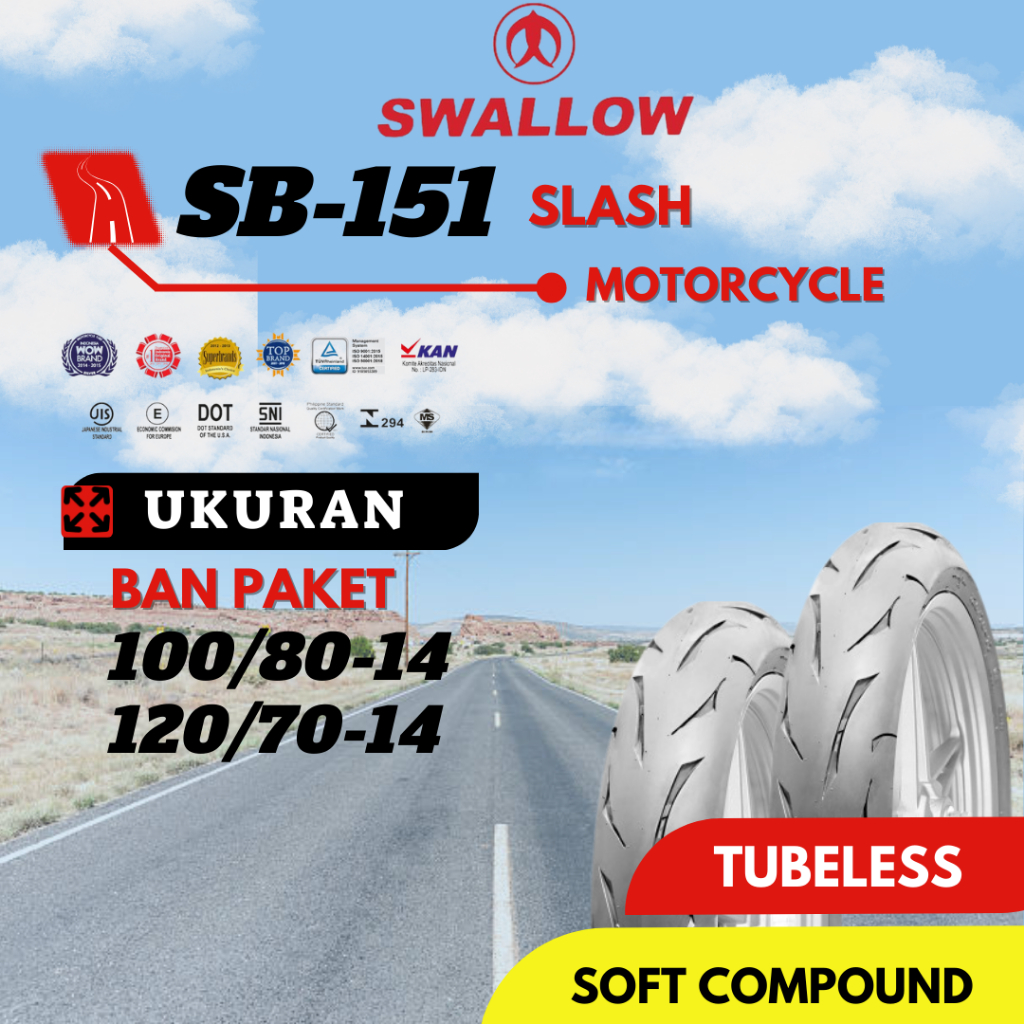 PAKET BAN LUAR SEPEDA MOTOR SWALLOW SB-151 SLASH 100/80 & 120/70 RING 14 TUBELESS PCX 150