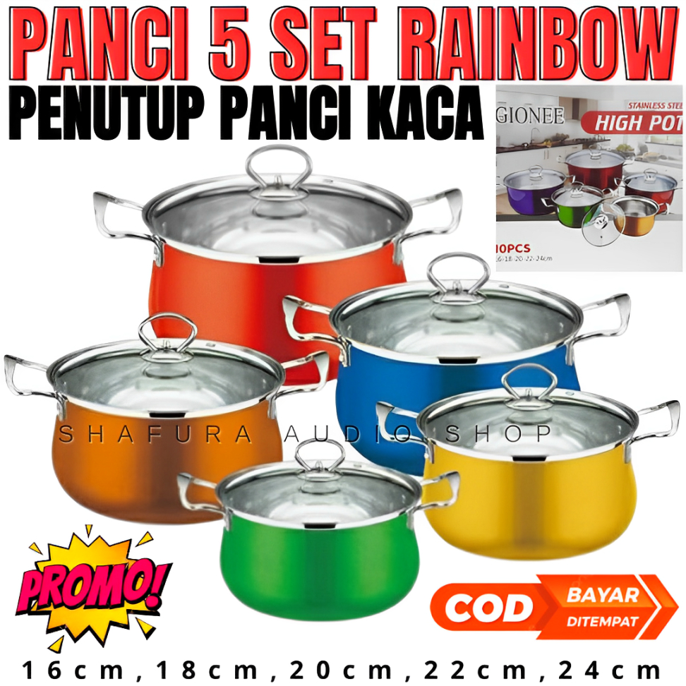 Panci Set Stainless Tebal Isi 5 Panci Set High Pot Warna | Panci Steamer Set 5 Susun Tutup Kaca | Pa