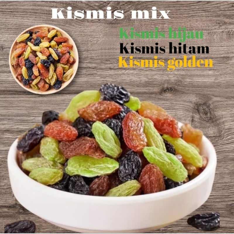 

Kismis Mix 3 warna 500gram | Kismis Campur 3 Rasa |Kimis Hijau Kismis Hitam Kismis Golden 500 dan 250gram
