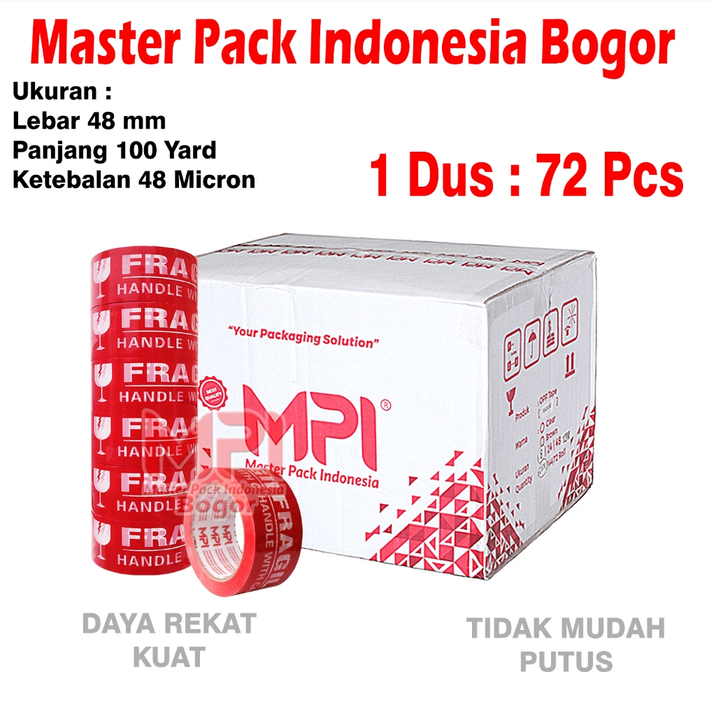 

1 DUS ( 72 PCS )Lakban Fragile Merah Jangan Dibanting 48mmx100Yard MPI