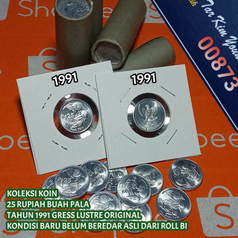 Uang Kuno Koin 25 Rupiah Pala Tahun 1991 Langka Gress Baru Lustre Original Dari Roll