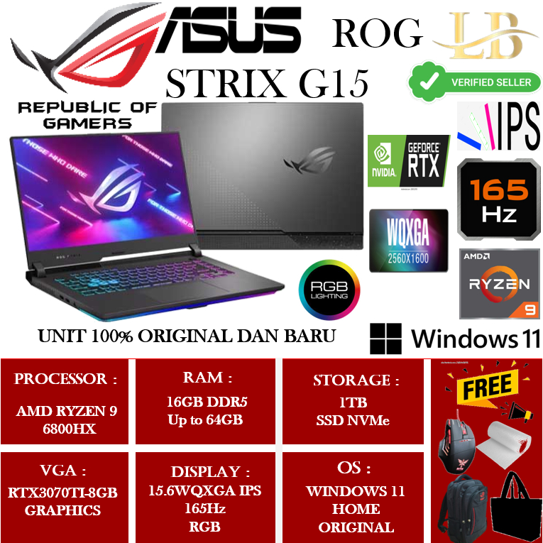 Laptop Gaming Asus ROG Strix G15 G513RW Amd Ryzen 9 6900HX 16GB 1TB RTX3070TI-8GB 15"WQXGA IPS 165Hz
