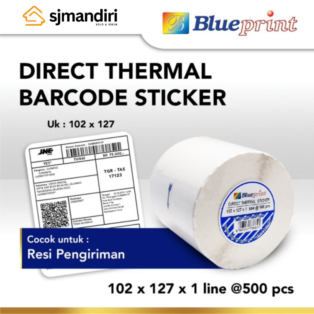 

Direct Thermal Sticker Label 102 x 127 mm Blueprint Stiker Barcode Resi JNE